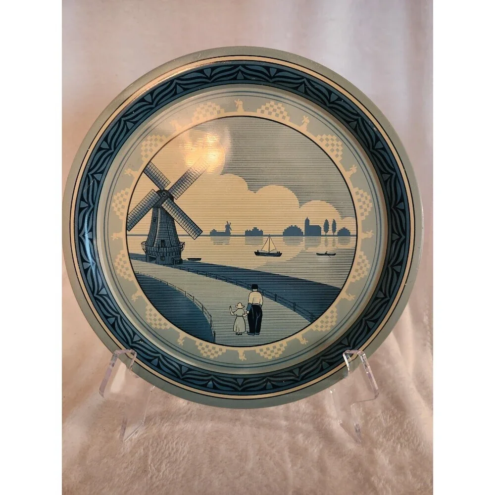 Metal Dutch Scene Tray Blue Made in England Windmill Boats wooden shoes
